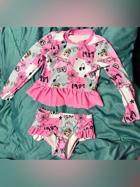 Size 4T Pink Taylor Swift '1989' Graphic Ruffle Two-Piece Swim Set